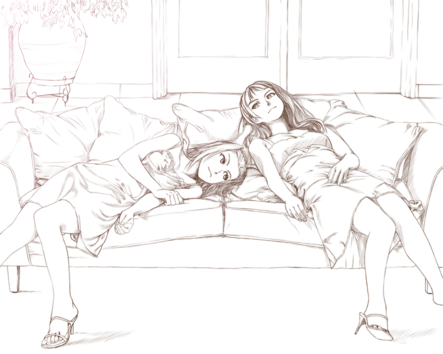 2girls, akiyama_mio, dancho_(danch), k-on!, monochrome, sketch, tainaka_ritsu