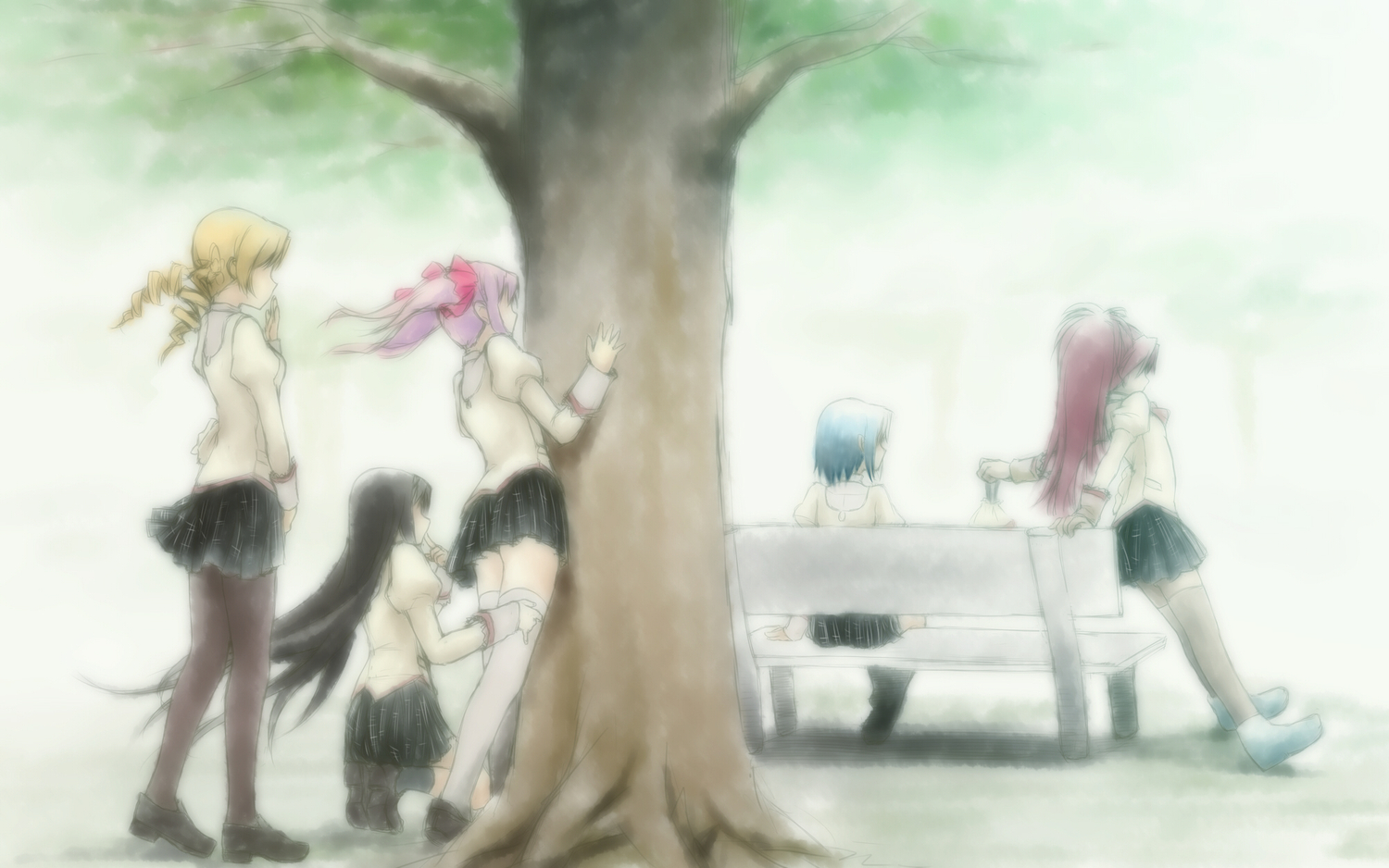 akemi_homura, bow, dancho_(danch), kaname_madoka, mahou_shoujo_madoka_magica, miki_sayaka, pantyhose, ponytail, sakura_kyouko, school_uniform, skirt, thighhighs, tomoe_mami, tree, twintails