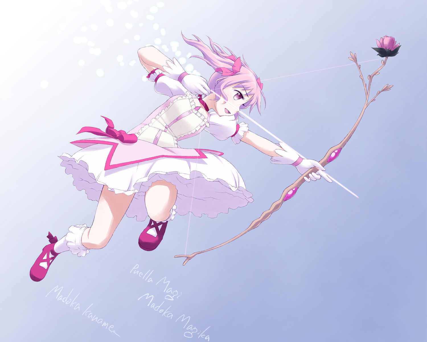 bow_(weapon), dancho_(danch), flowers, gloves, kaname_madoka, mahou_shoujo_madoka_magica, pink_eyes, pink_hair, socks, weapon