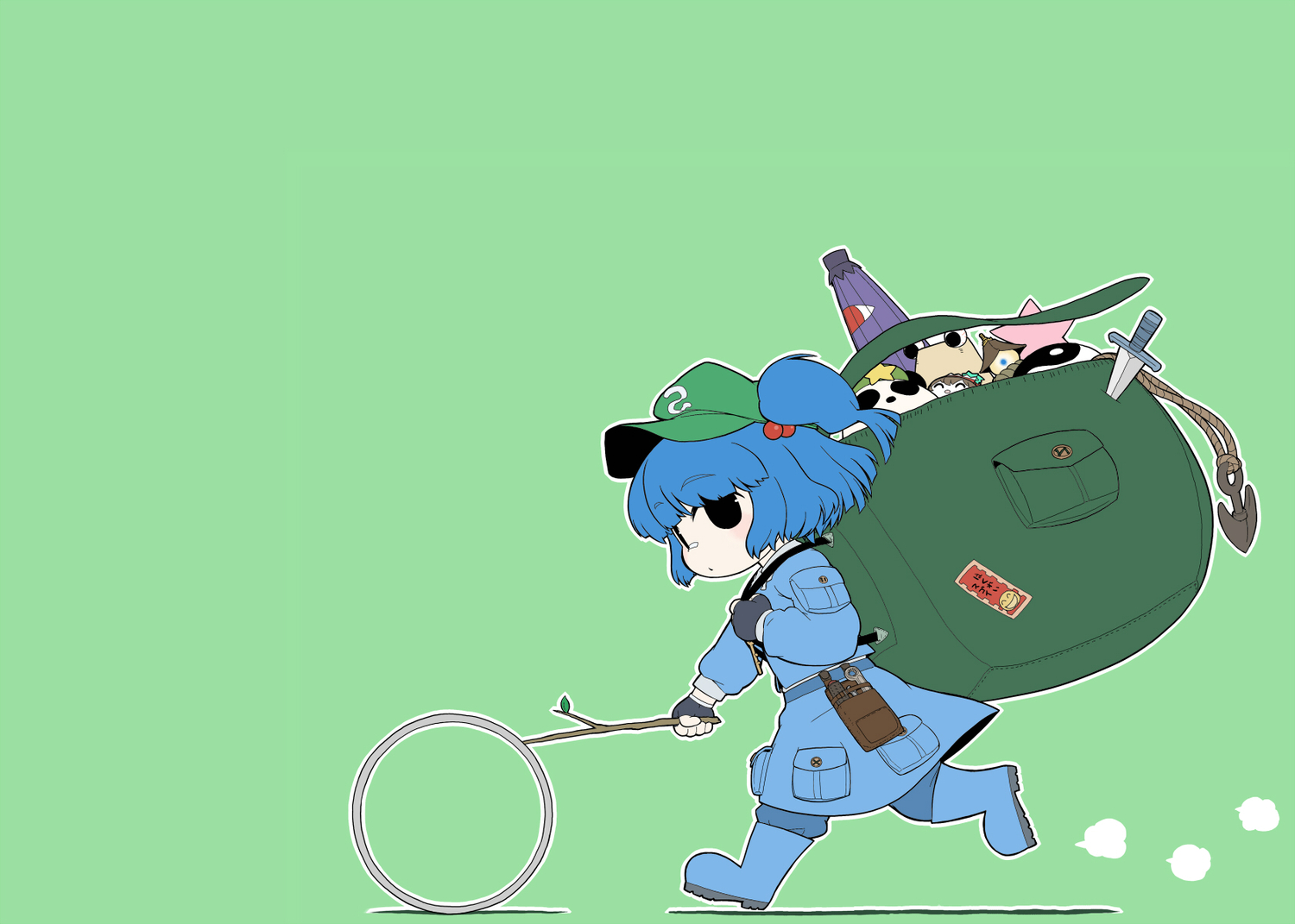 blue_hair, gloves, hat, hong_meiling, kawashiro_nitori, knife, lyrica_prismriver, short_hair