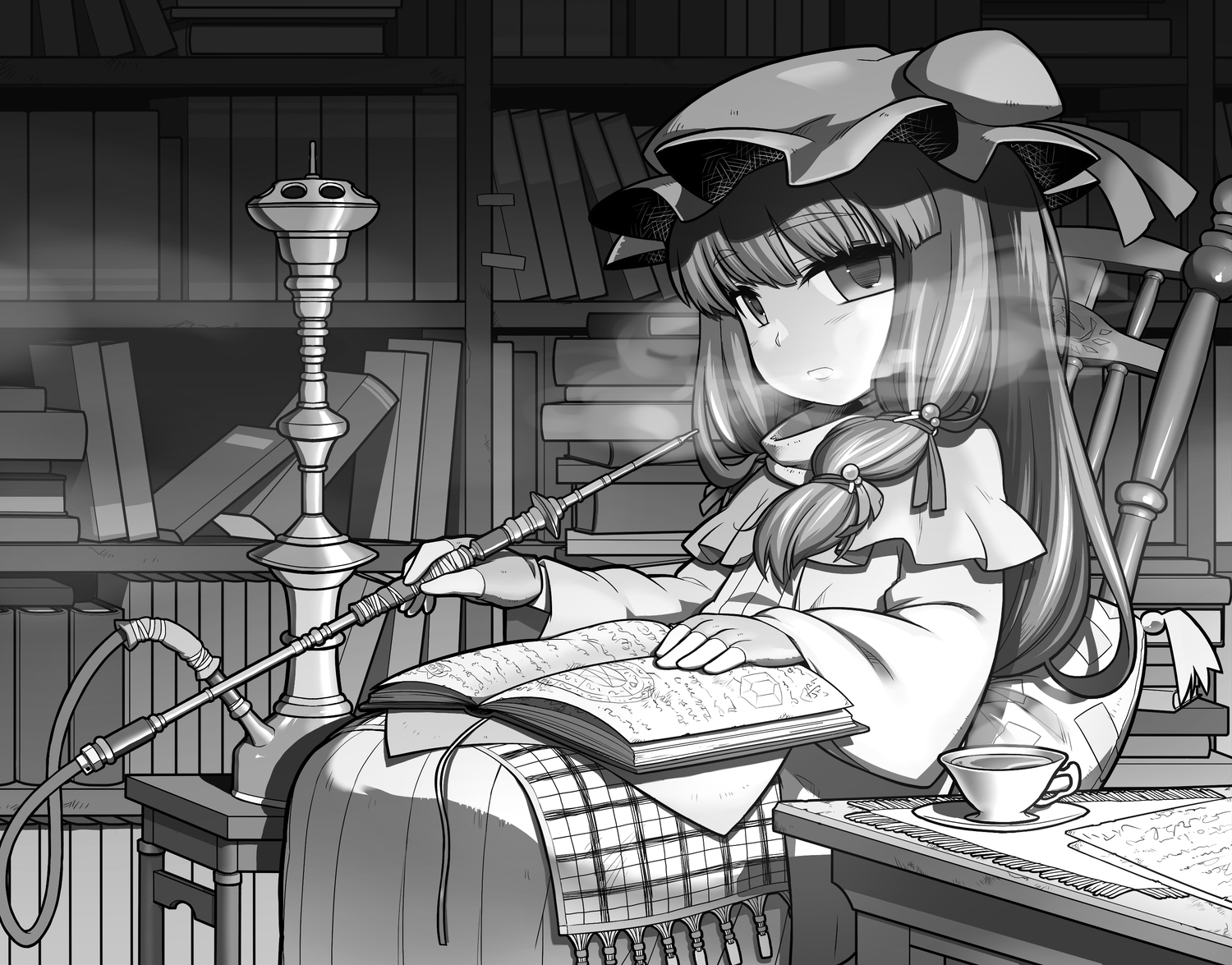 book, bow, gloves, hat, long_hair, monochrome, patchouli_knowledge, smoking