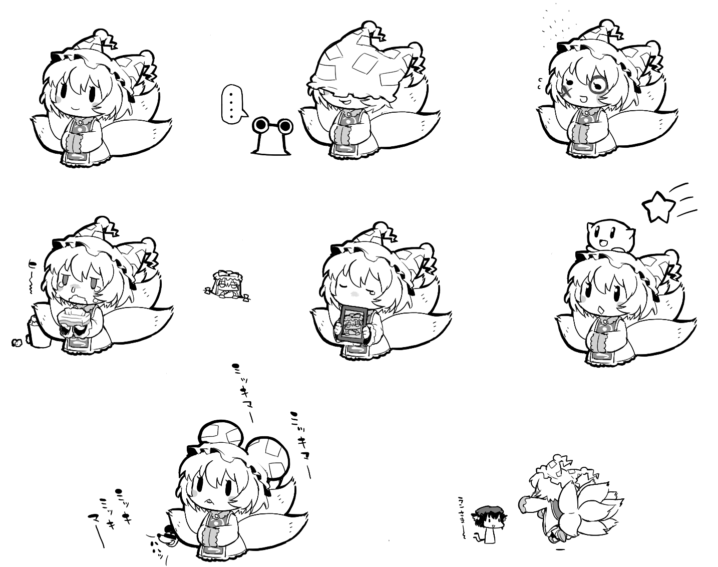 animal_ears, catgirl, chen, chibi, crossover, foxgirl, hat, kirby