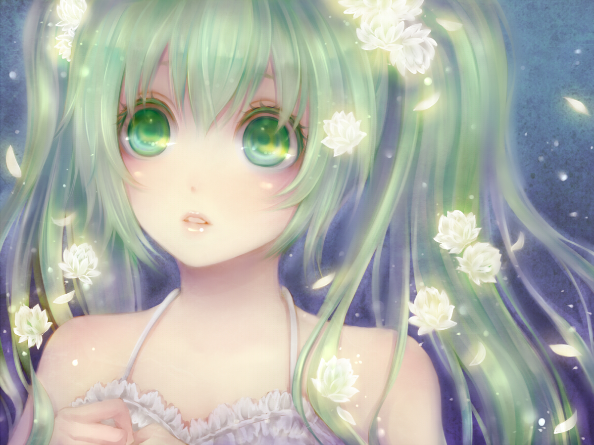 close, flowers, green_eyes, green_hair, hatsune_miku, petals, twintails, vocaloid, yamaneko514