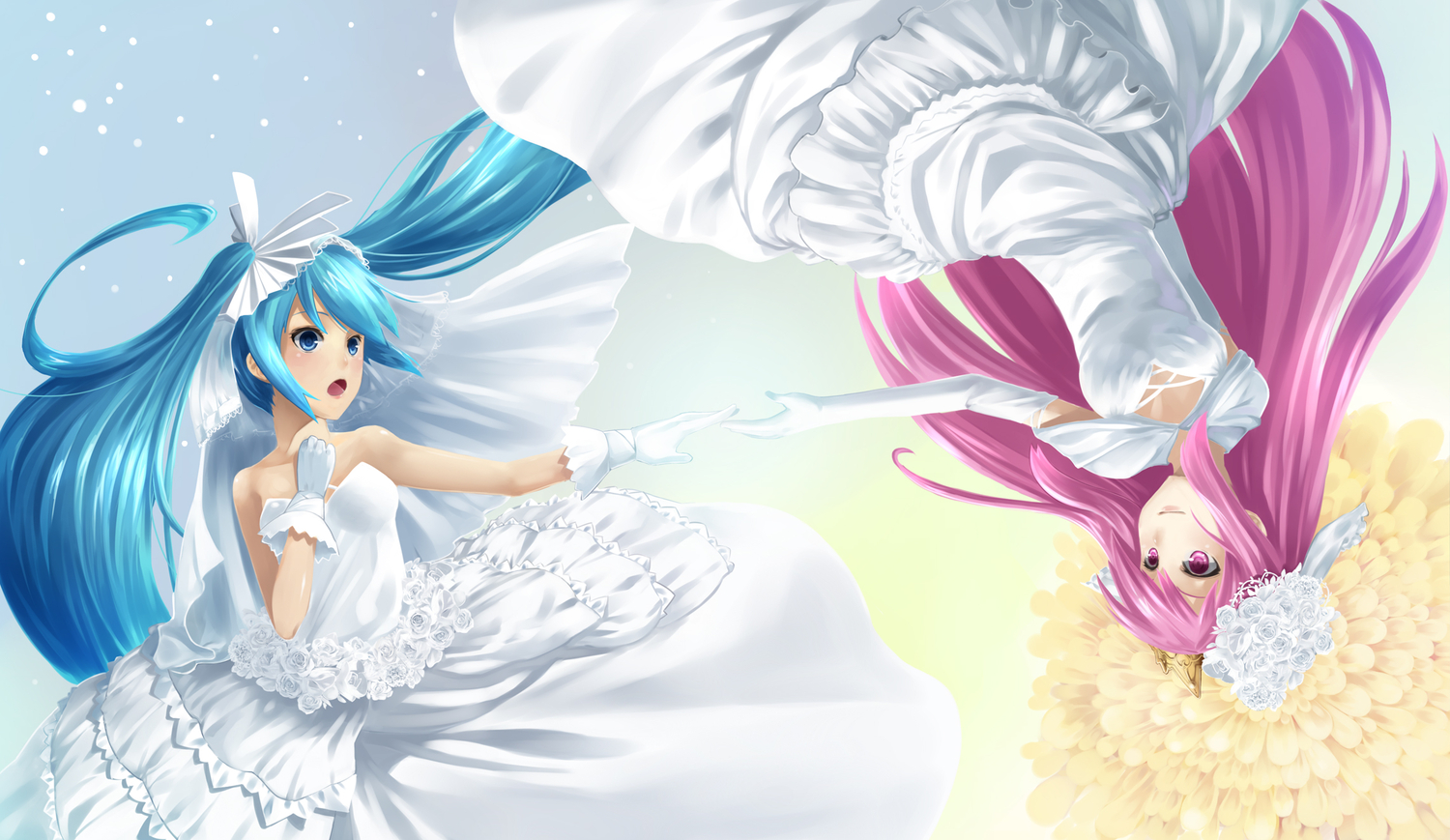 blue_eyes, blue_hair, crown, elbow_gloves, flowers, gloves, hatsune_miku, megurine_luka
