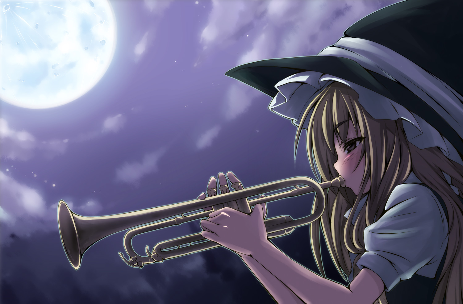 blonde_hair, blush, braids, hat, instrument, karasawa-40, kirisame_marisa, long_hair, moon, night, sky, touhou, witch, yellow_eyes