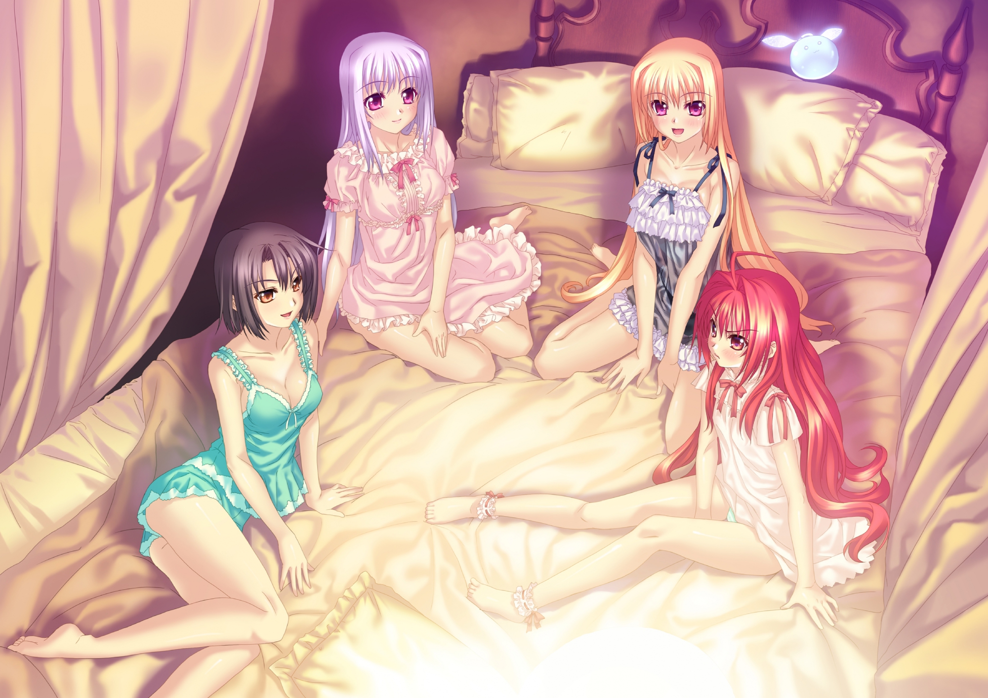 barefoot, bed, breasts, cleavage, corticarte_apa_lagranges, kannatsuki_noboru, panties, red_hair, shinkyoku_soukai_polyphonica, tsuge_eufinley, underwear, yugiri_perserte, yugiri_princesca