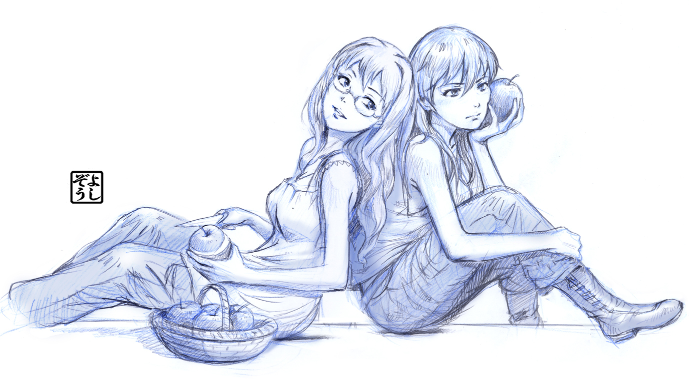 apple, boots, filicia_heideman, food, fruit, glasses, kazumiya_rio, knife