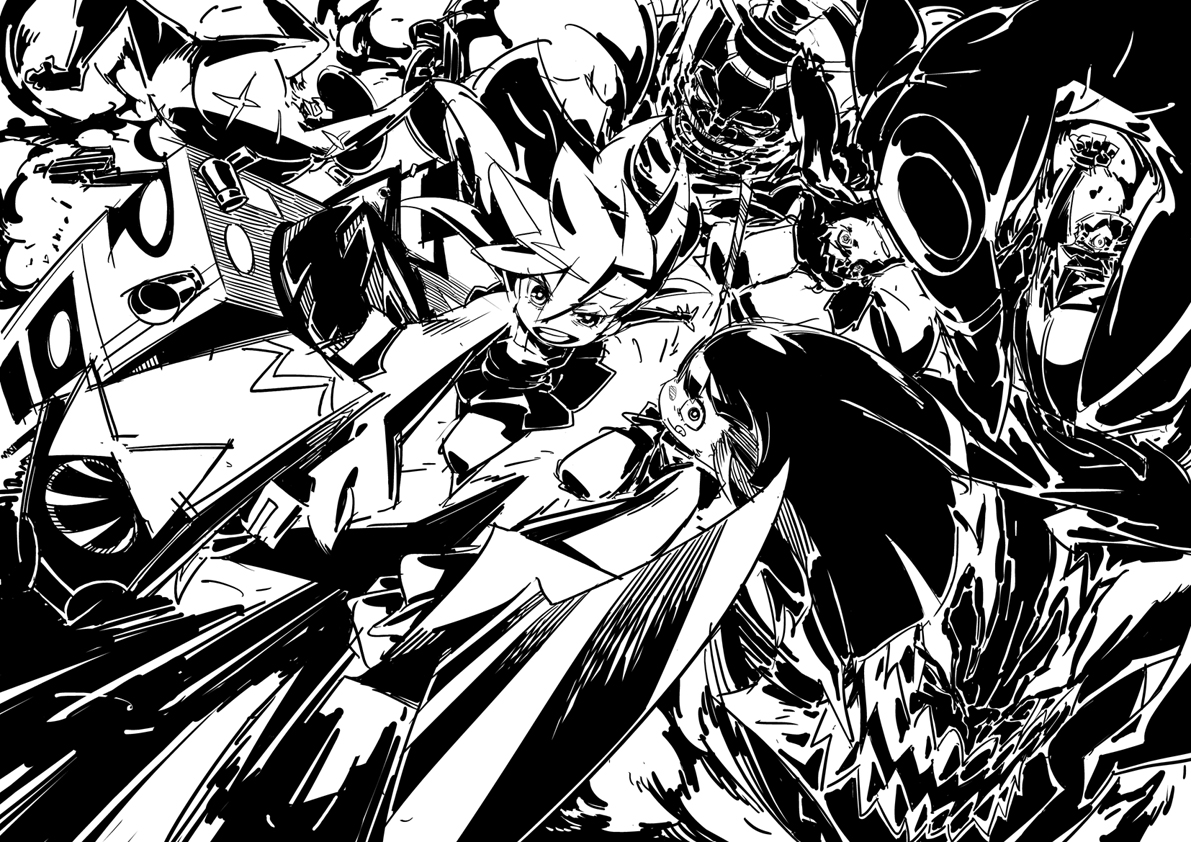 chuck, garterbelt_(character), gun, himukai_yuuji, katana, monochrome, panty_&_stocking_with_garterbelt, panty_(character)