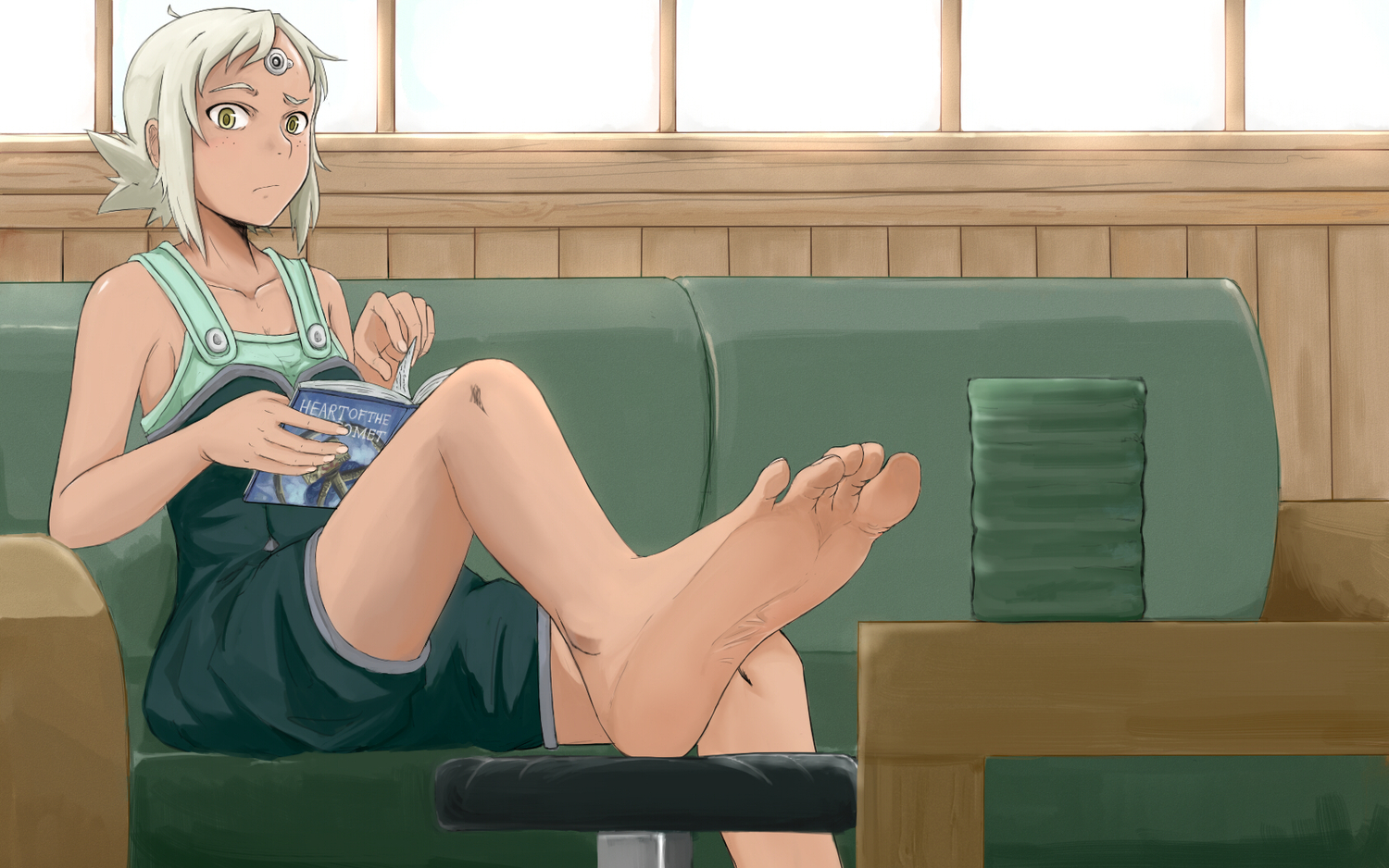 barefoot, book, dark_skin, diebuster, drawfag, lal'c_mellk_mal, short_hair, white_hair