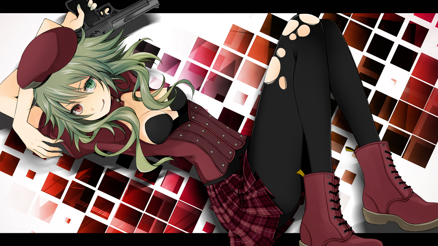 bicolored_eyes, breasts, cleavage, gumi, gun, hat, pantyhose, vocaloid