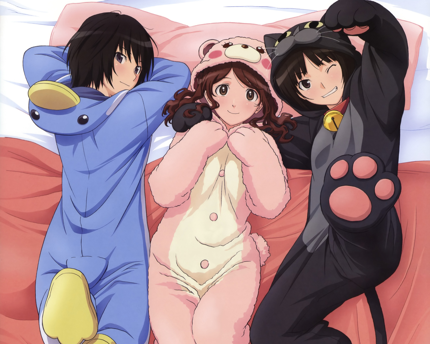 amagami, black_hair, brown_hair, nakata_sae, nanasaki_ai, pajamas, tachibana_miya, wink