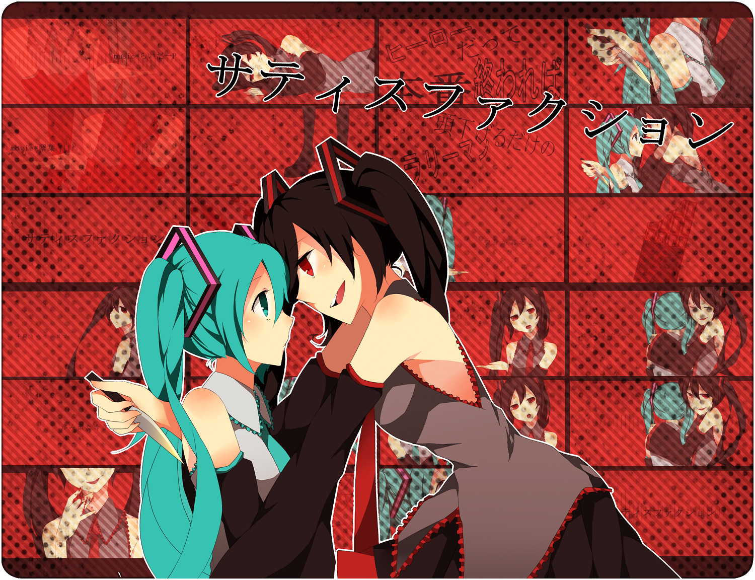 aqua_eyes, aqua_hair, black_hair, hatsune_miku, knife, kogarashi_midori, long_hair, red_eyes, twintails, vocaloid, zatsune_miku