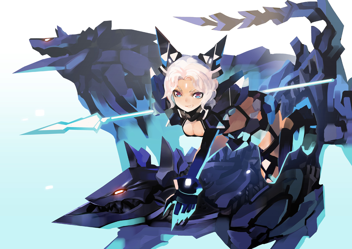 animal_ears, blue_eyes, mecha, original, pump_(artist), weapon, white_hair