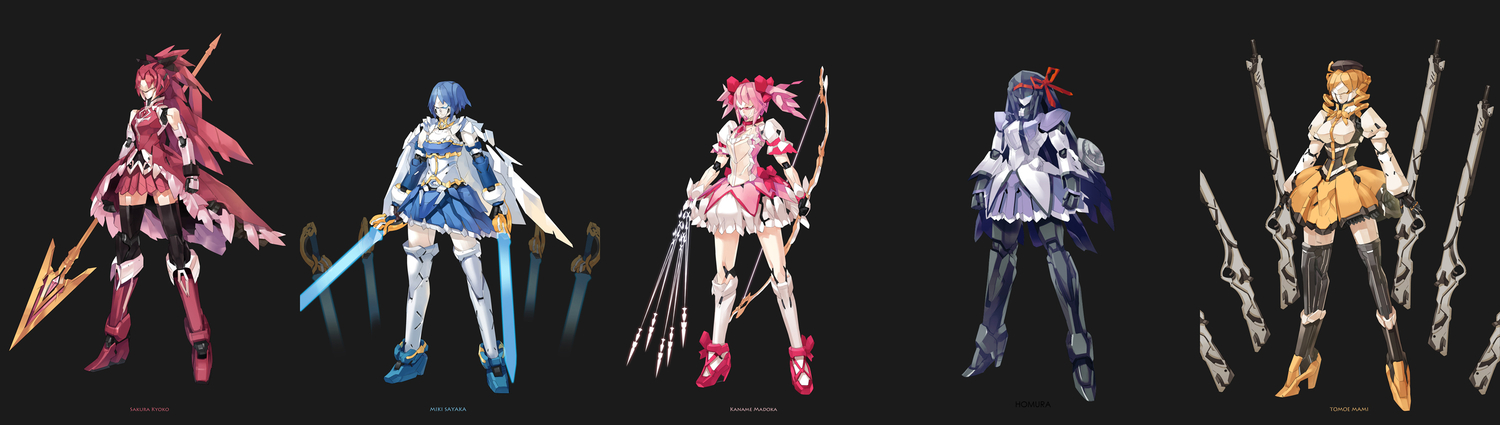 akemi_homura, bow_(weapon), gun, kaname_madoka, mahou_shoujo_madoka_magica, mechagirl, miki_sayaka, pump_(artist)