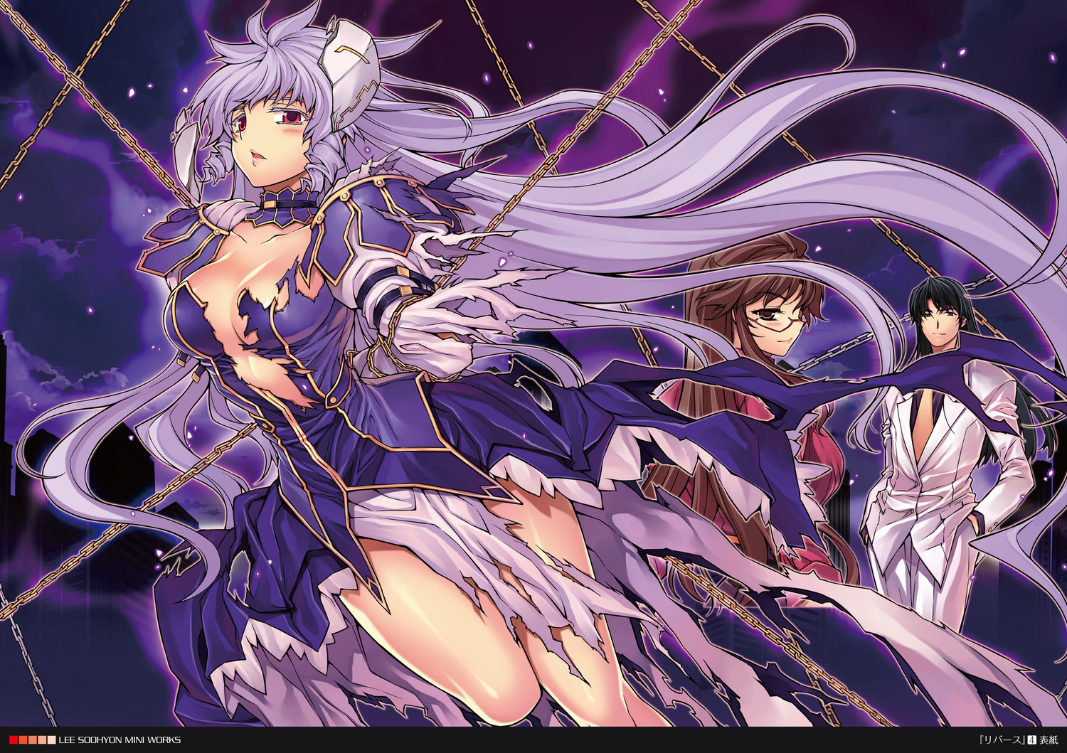 black_hair, breasts, brown_eyes, brown_hair, chain, choker, cleavage, glasses, long_hair, male, purple, purple_hair, red_eyes, soo-hyon_lee, suit, torn_clothes