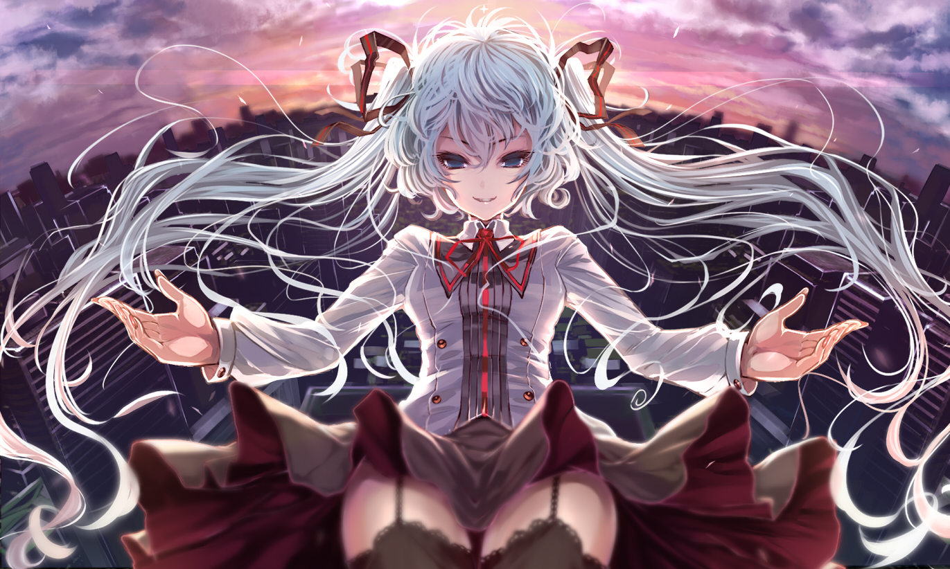 aqua_hair, blue_eyes, city, hatsune_miku, long_hair, ribbons, shiokonbu, sunset