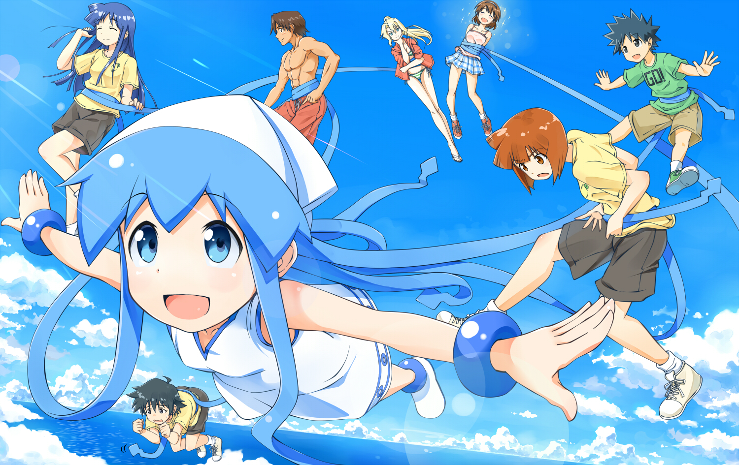 aizawa_chizuru, aizawa_eiko, aizawa_takeru, arashiyama_gorou, black_eyes, black_hair, blonde_hair, blue_eyes, blue_hair, brown_eyes, brown_hair, cindy_campbell, clouds, group, ikamusume, loli, long_hair, male, nagatsuki_sanae, naono, orange_hair, saitou_nagisa, shinryaku!_ikamusume, short_hair