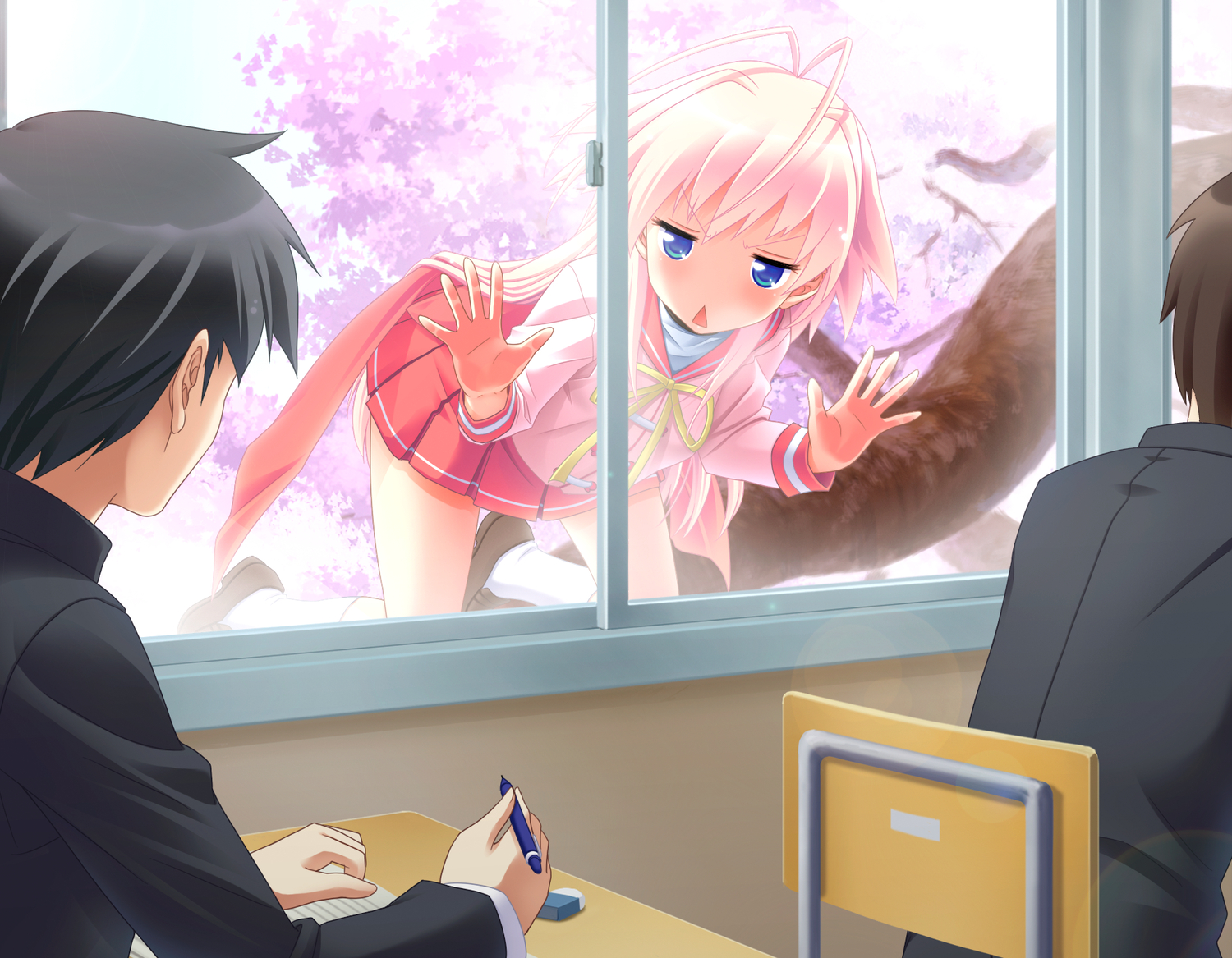 game_cg, hiyoko_strike!, kagami_utakata, pink_hair, school_uniform, yasuyuki