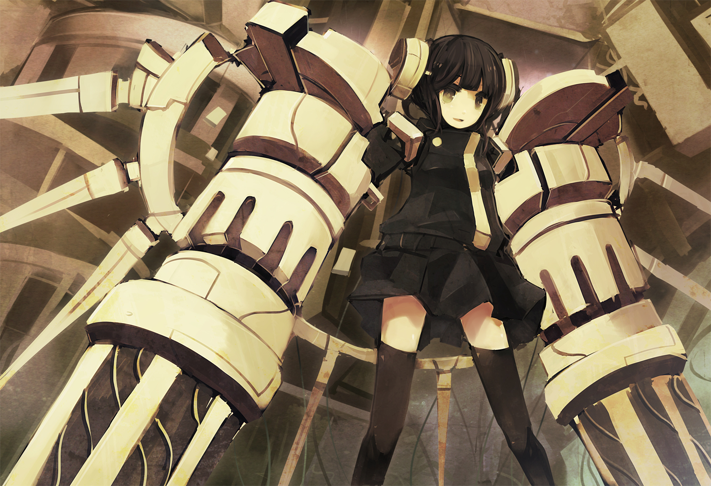 black_hair, mechagirl, nekotewi, original, polychromatic, skirt, thighhighs, weapon
