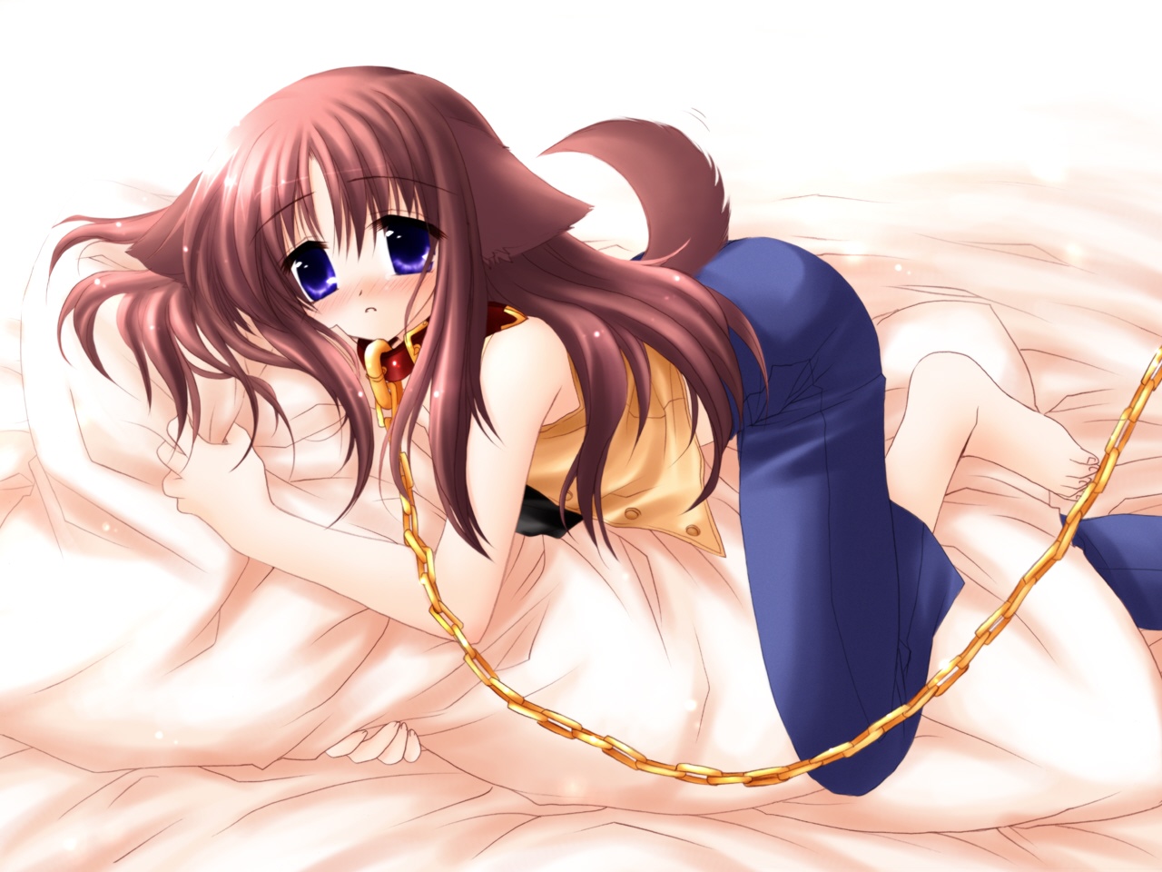 bed, chain, collar, doggirl, miyashiro_karin, sakurazawa_izumi, suigetsu