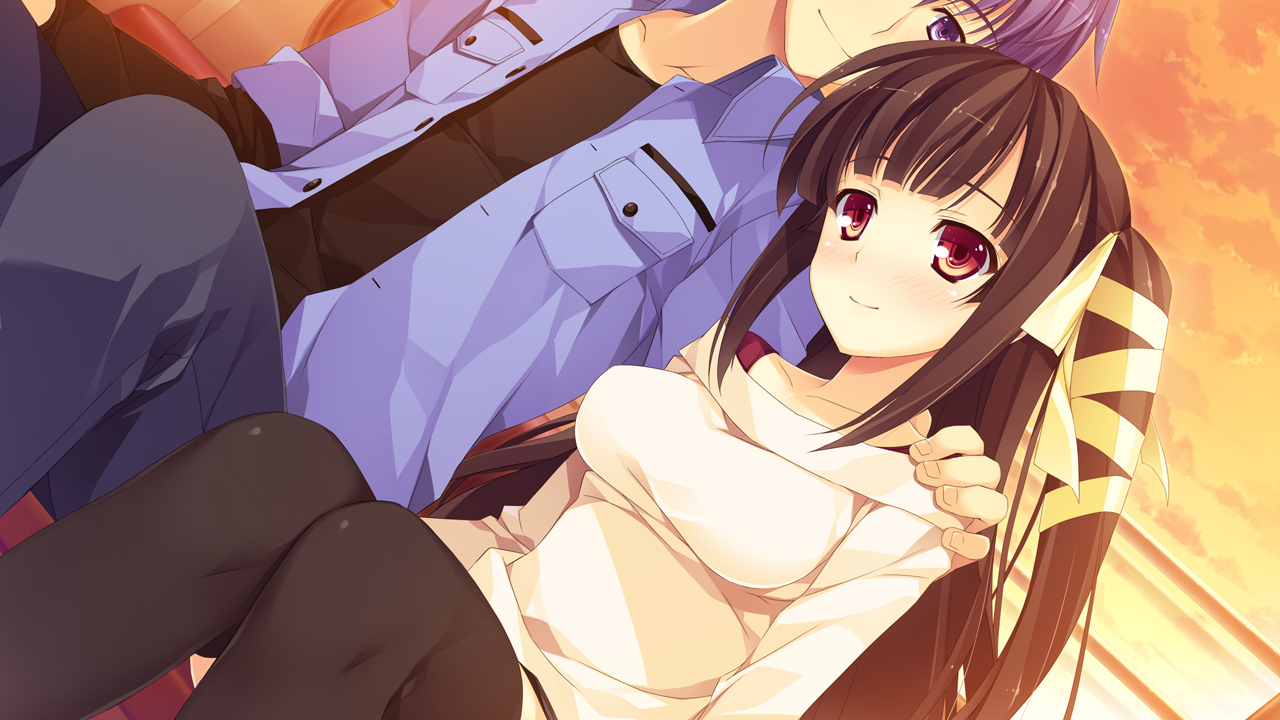 black_hair, blush, fujimori_kaname, game_cg, koikishi_purely_kiss, shidou_mana, sunset, thighhighs