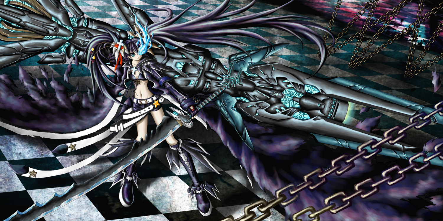 black_hair, black_rock_shooter, blue_eyes, boots, chain, e.k., gloves, gun
