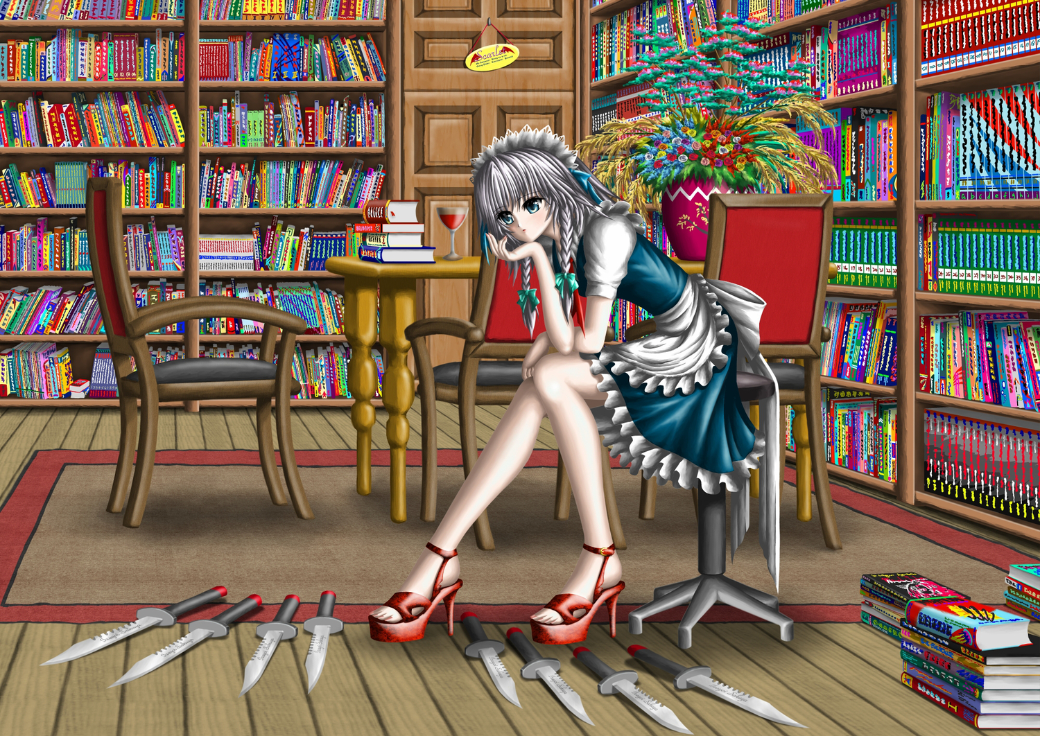 book, drink, e.k., izayoi_sakuya, knife, maid, touhou