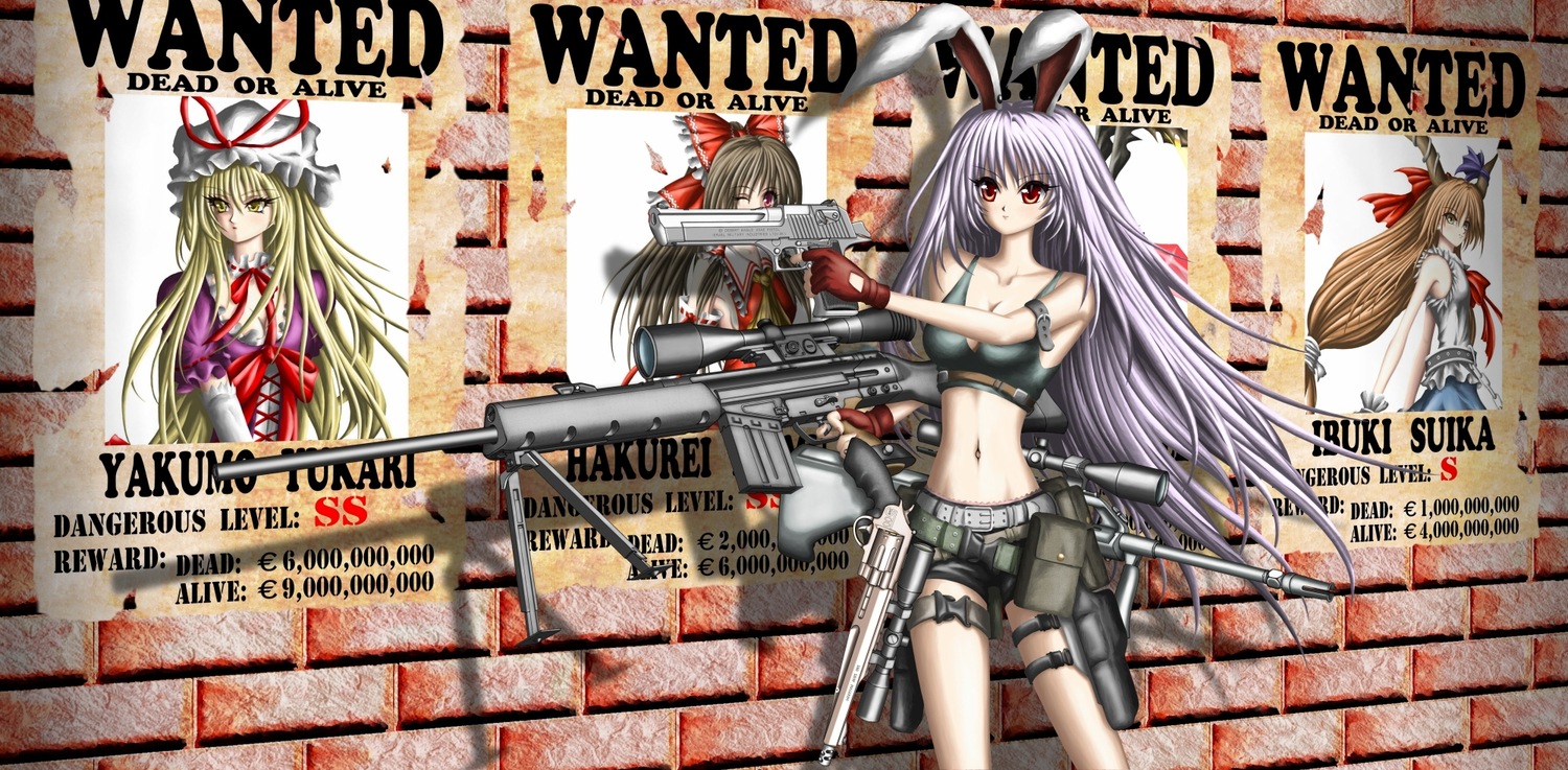 animal_ears, bunny_ears, bunnygirl, e.k., flandre_scarlet, gun, hakurei_reimu, ibuki_suika