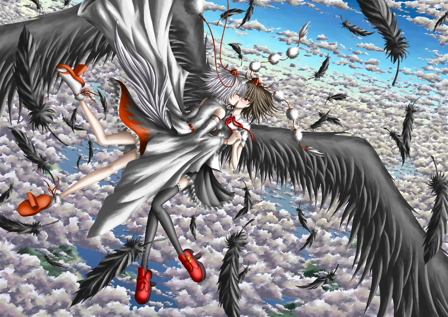animal_ears, black_hair, clouds, e.k., feathers, gray_hair, inubashiri_momiji, japanese_clothes, kiss, red_eyes, shameimaru_aya, shoujo_ai, sky, touhou, wings, wolfgirl