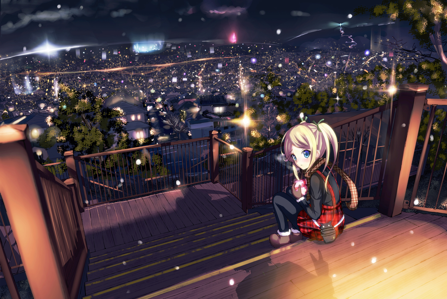 blonde_hair, blue_eyes, blush, boots, building, city, loli, morerin, night, original, pantyhose, scarf, sky, tree, twintails, valentine