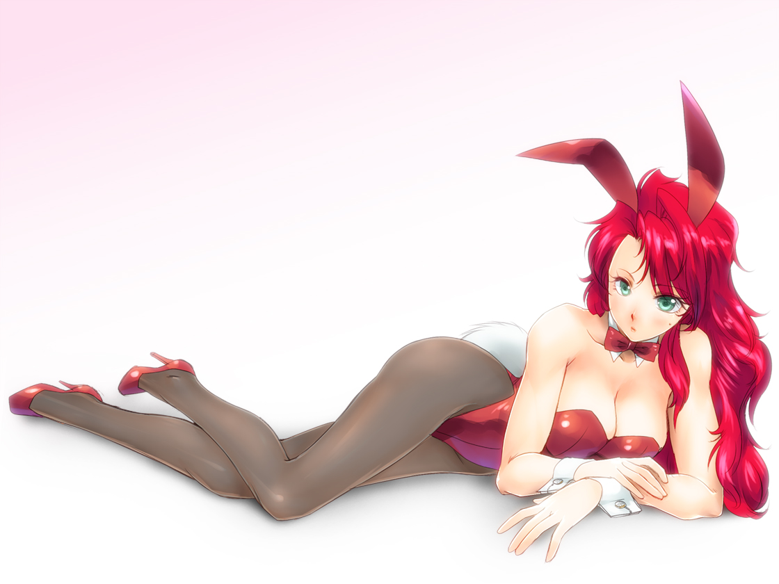 animal_ears, bow, breasts, bunny_ears, bunnygirl, cleavage, green_eyes, original, pantyhose, red_hair, white, yagisaka_seto