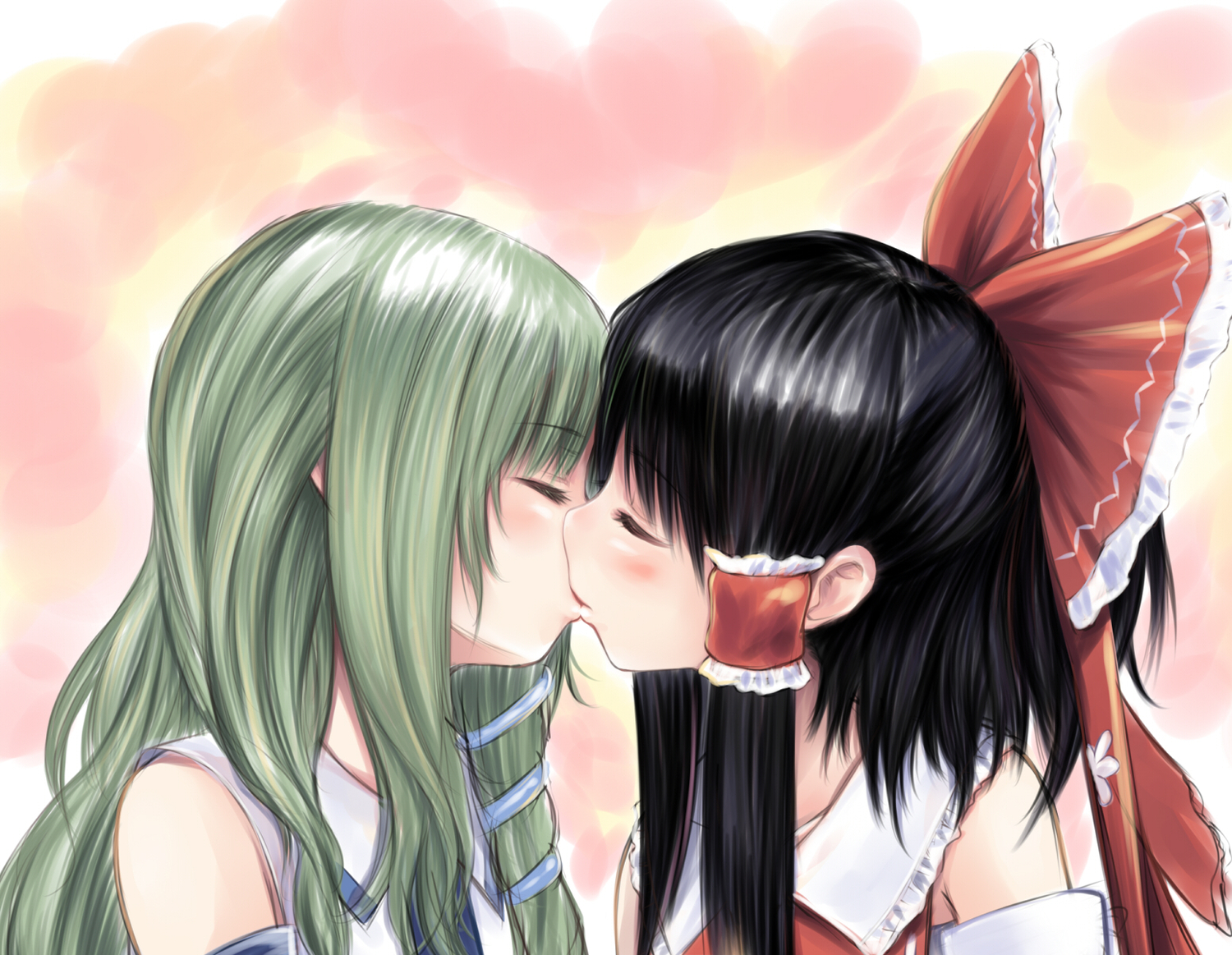 2girls, bow, hakurei_reimu, japanese_clothes, kiss, kochiya_sanae, miko, shoujo_ai
