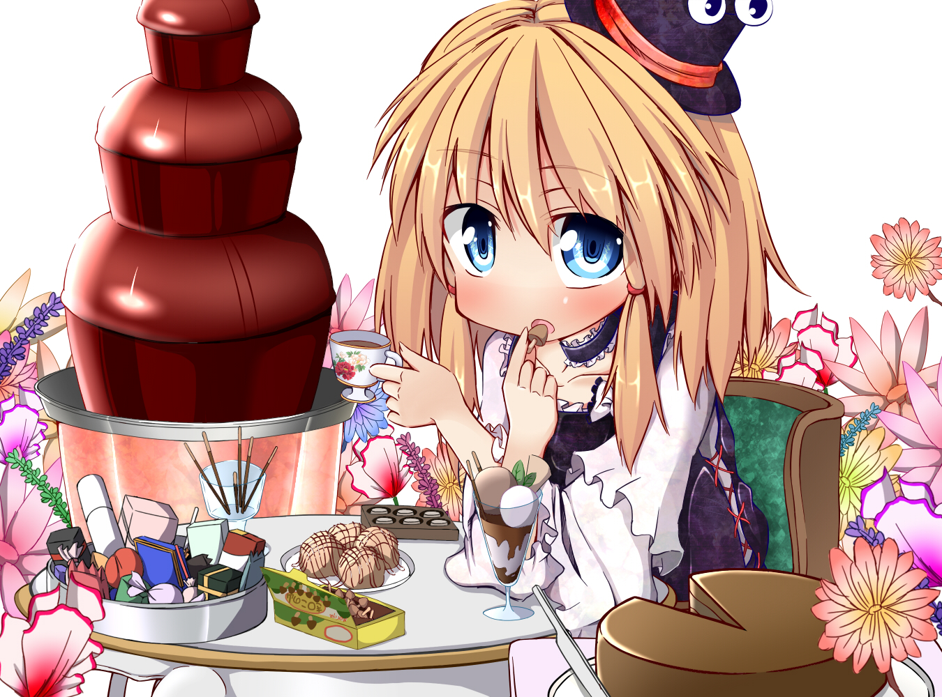 blonde_hair, blue_eyes, flowers, food, hat, moriya_suwako, naobe009, touhou