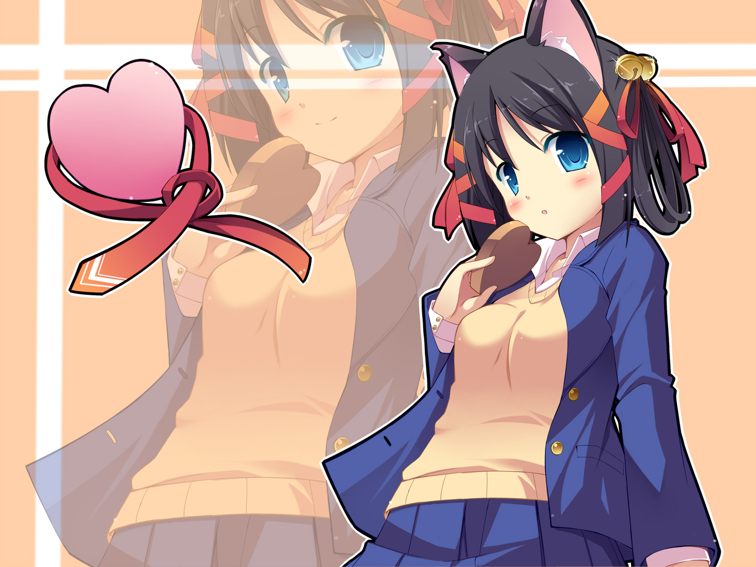 animal_ears, bell, black_hair, blue_eyes, blush, bow, catgirl, masaki_(machisora)