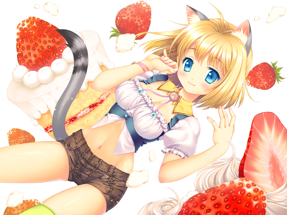 animal_ears, aqua_eyes, blonde_hair, breasts, cake, cleavage, food, fruit, navel, original, strawberry, tail, thighhighs, touto_seiro