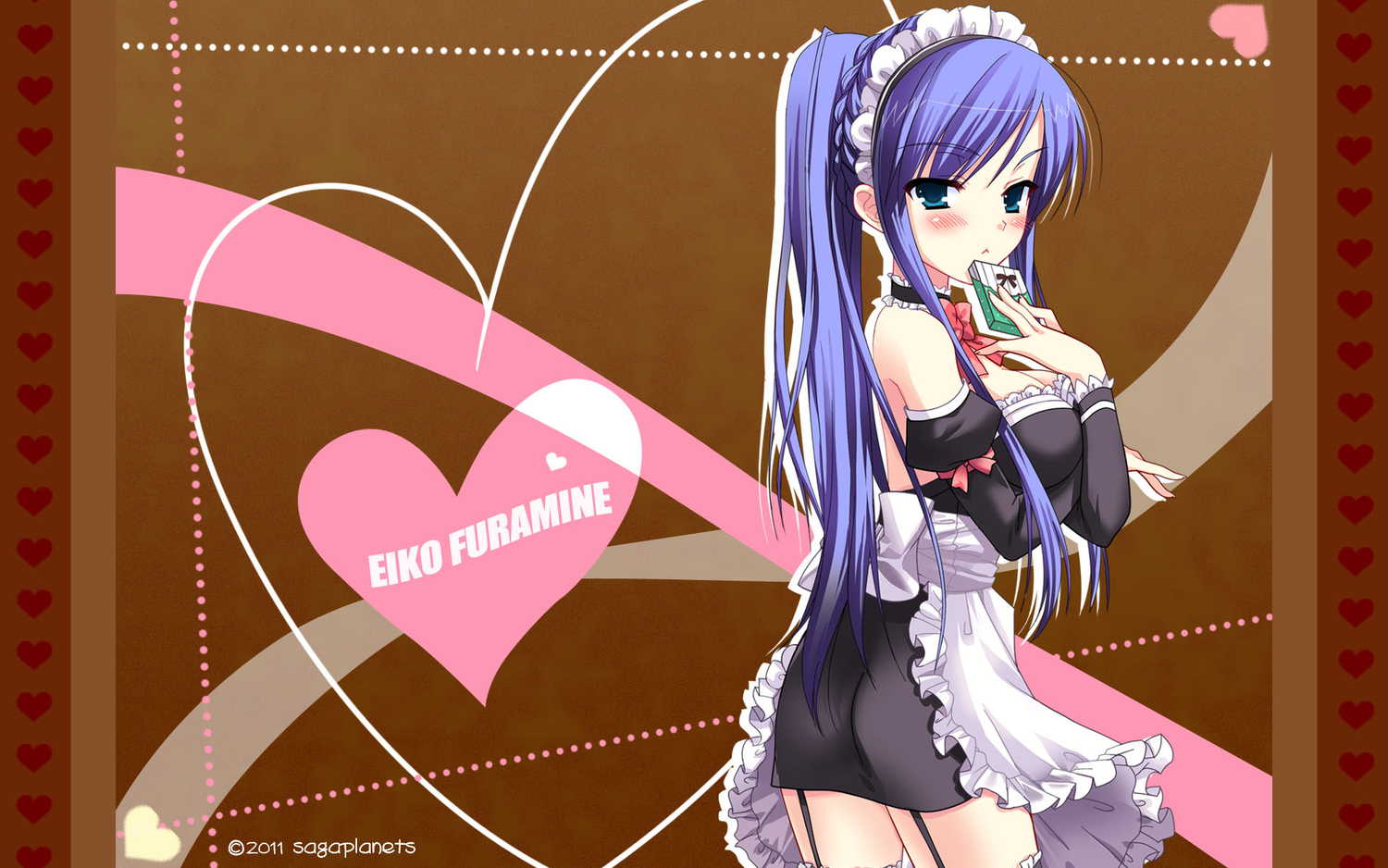 apron, blue_eyes, furamine_eiko, garter, jpeg_artifacts, kisaragi_gold_star, long_hair, maid, purple_hair, saga_planets, tagme_(artist), valentine