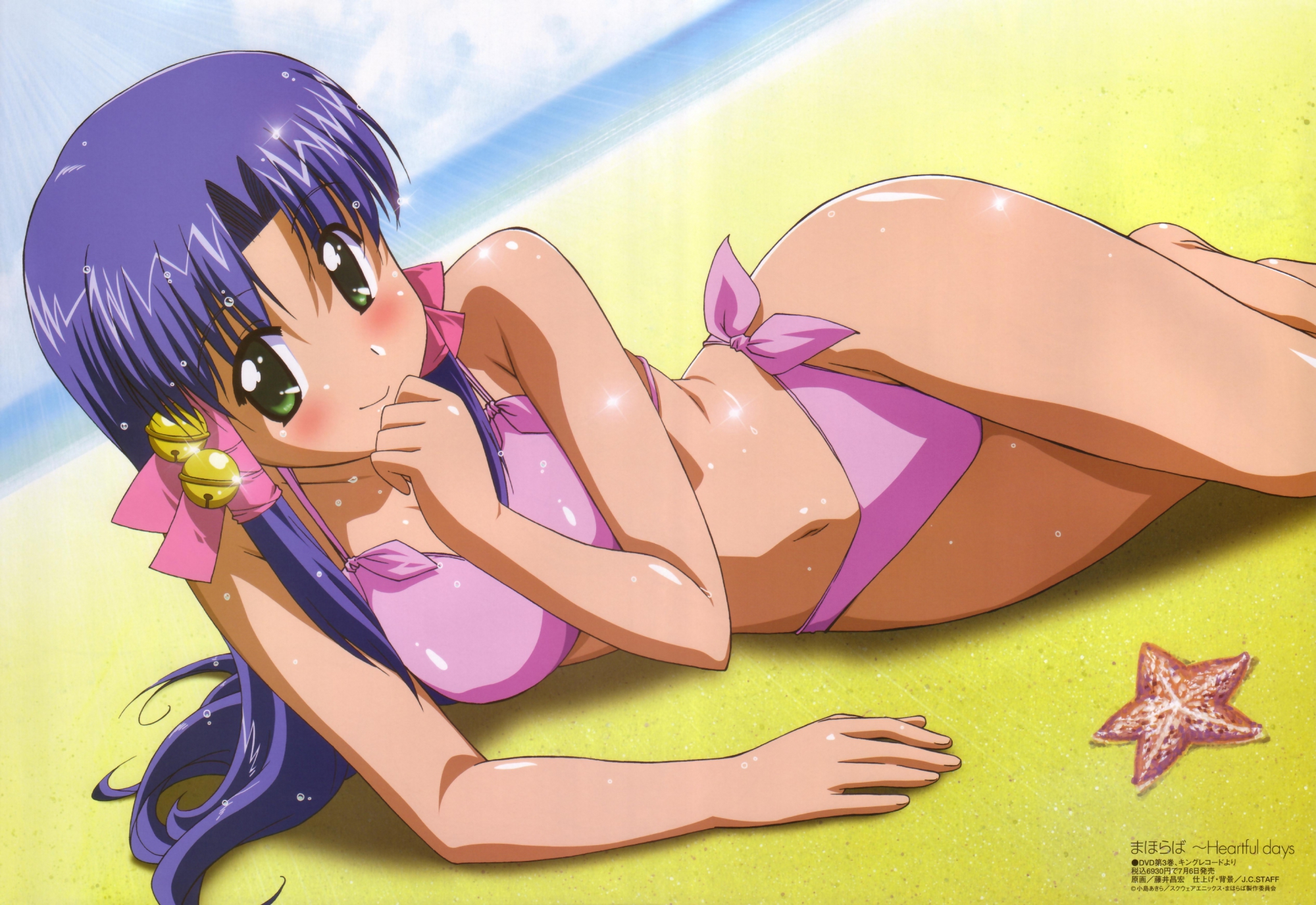 aoba_kozue, beach, bikini, fujii_masahiro, green_eyes, mahoraba_heartful_days, ribbons, swimsuit, water, wet