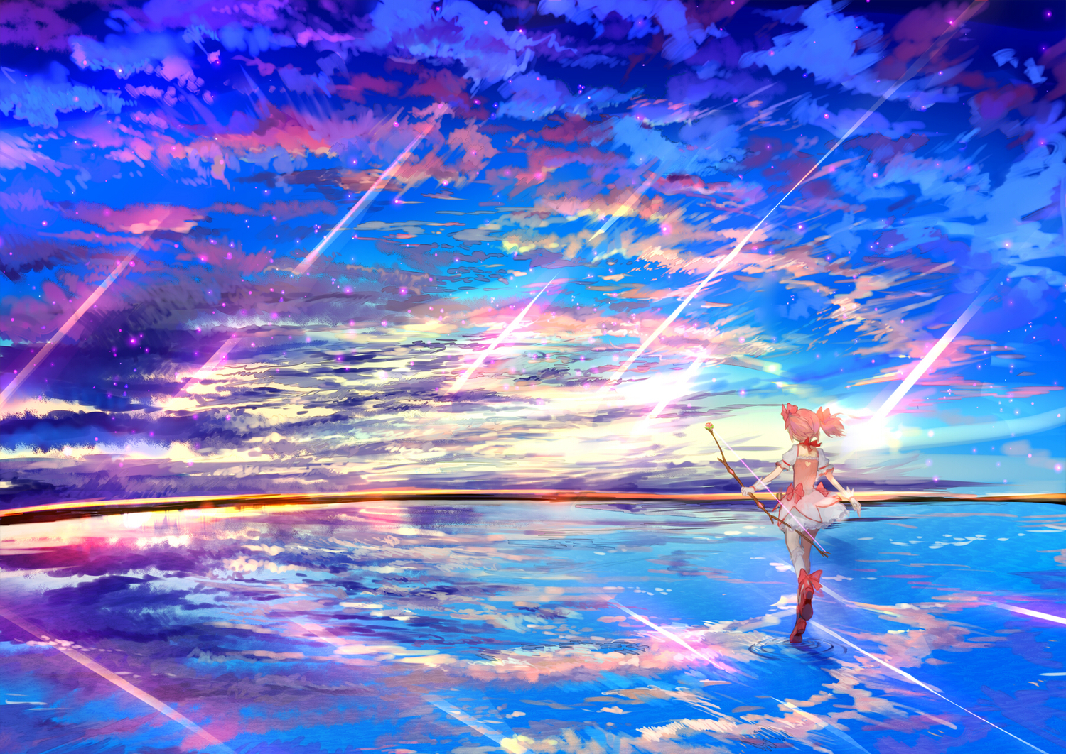 bow_(weapon), clouds, dress, kaname_madoka, mahou_shoujo_madoka_magica, pink_hair, scenic, sky