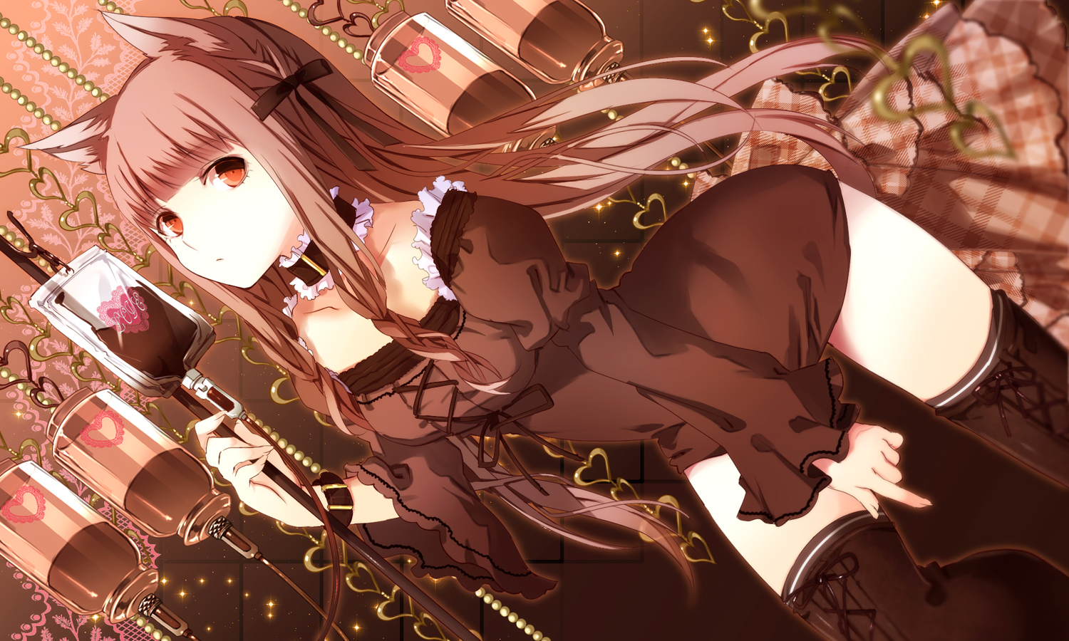 animal_ears, brown_hair, long_hair, original, thighhighs, yuuki_kira