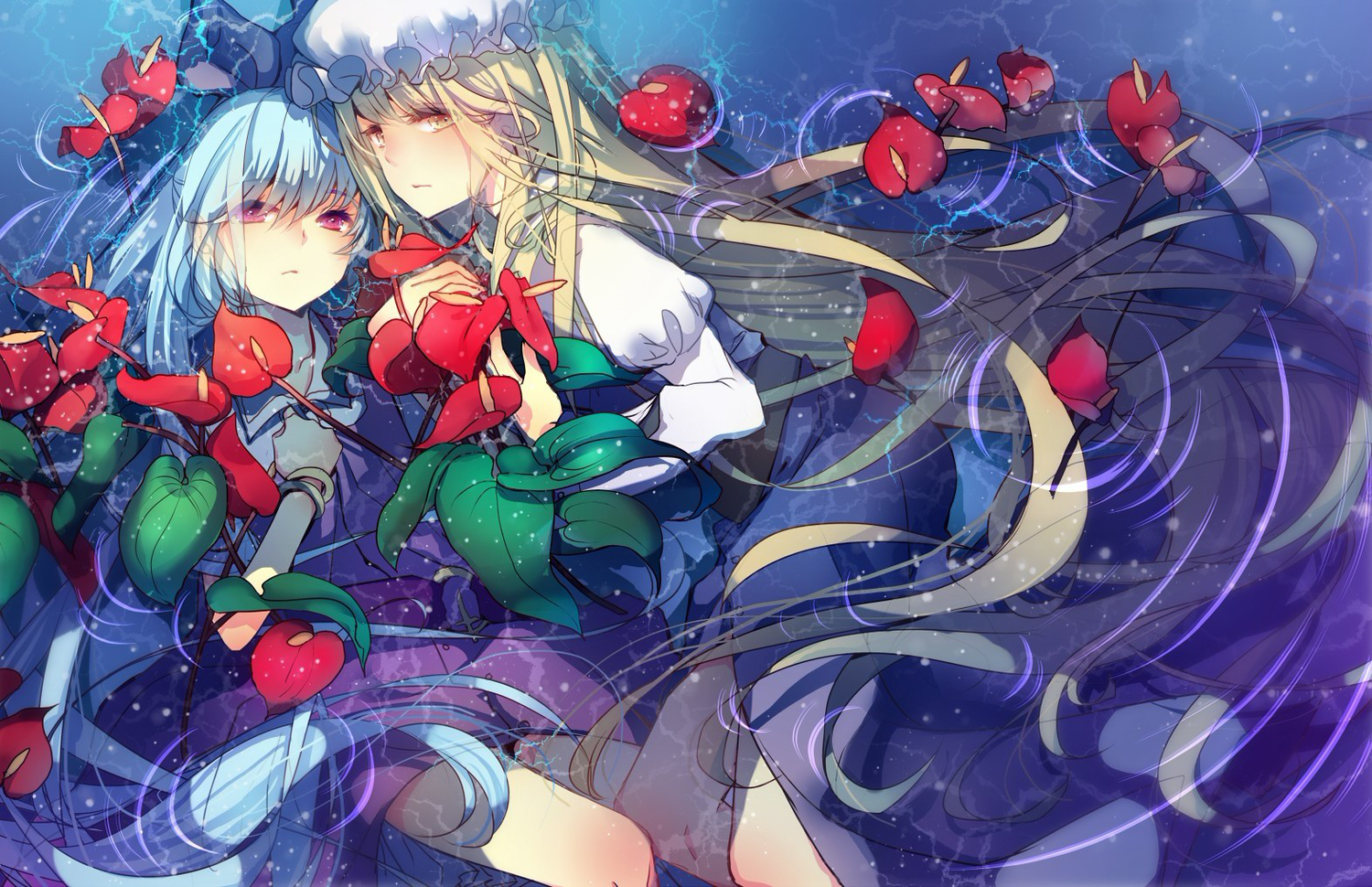 2girls, bow, dress, hat, nicohi, touhou, watatsuki_no_toyohime, watatsuki_no_yorihime