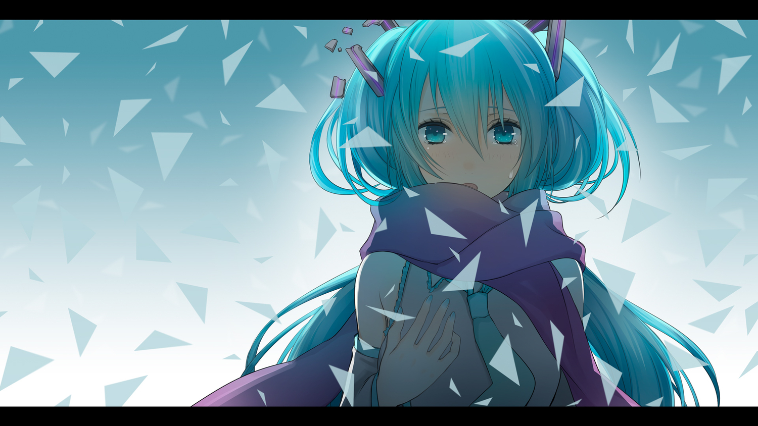 aqua_eyes, aqua_hair, close, crying, hatsune_miku, scarf, tears, tie, vocaloid, wogura