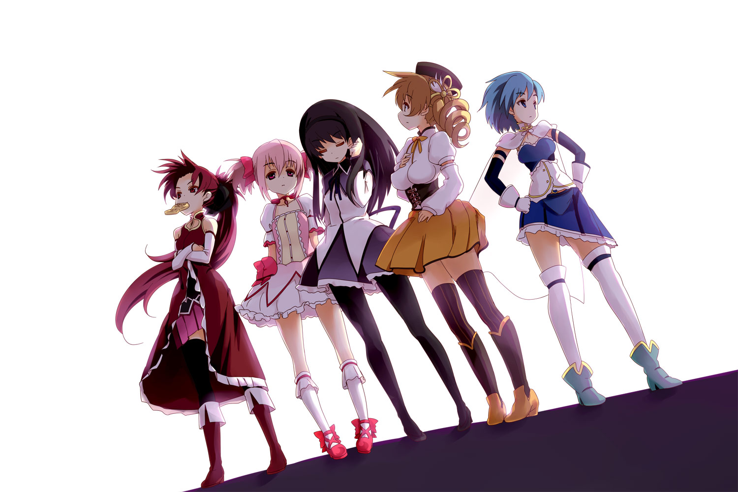 akemi_homura, dress, kaname_madoka, mahou_shoujo_madoka_magica, miki_sayaka, sakura_kyouko, sora_to_umi, thighhighs, tomoe_mami, white