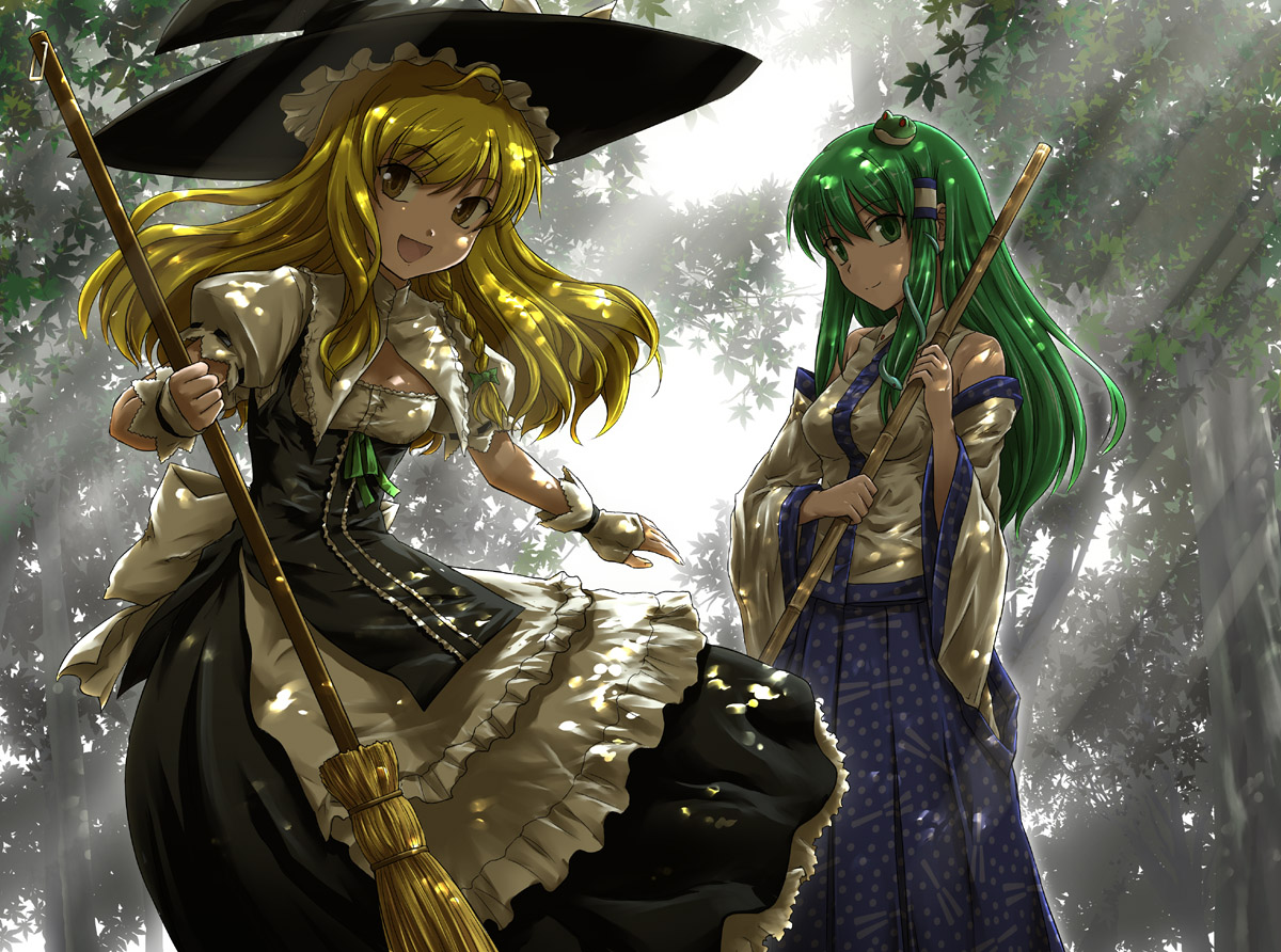2girls, blonde_hair, dress, forest, green_eyes, green_hair, hat, japanese_clothes, kirisame_marisa, kochiya_sanae, miko, touhou, tree, tsuyadashi_shuuji, witch, yellow_eyes