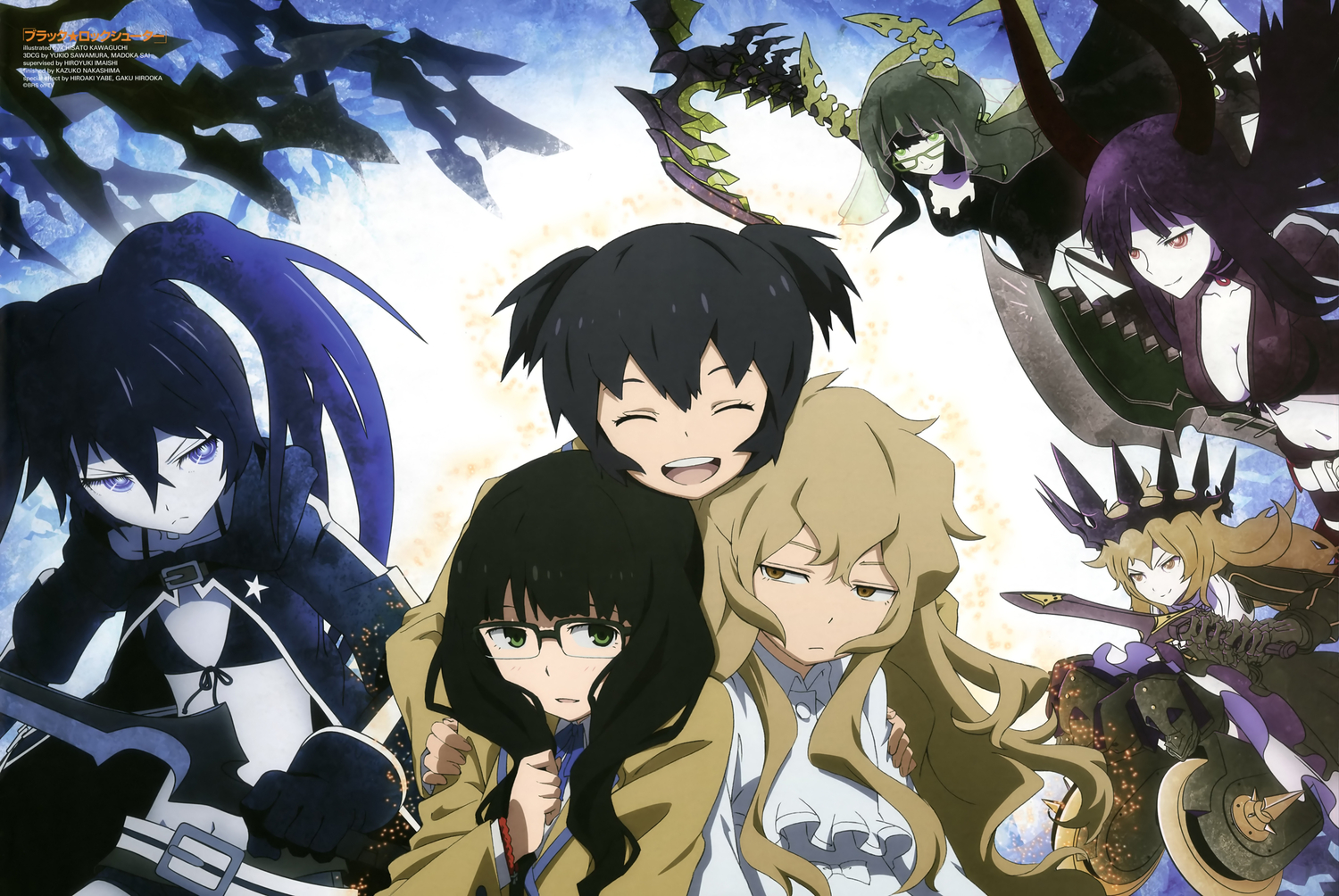 black_hair, black_rock_shooter, blonde_hair, blue_eyes, chisato_kawaguchi, glasses, green_eyes, irino_saya, izuriha_kagari, kuroi_mato, red_eyes, scan, takanashi_yomi, yellow_eyes