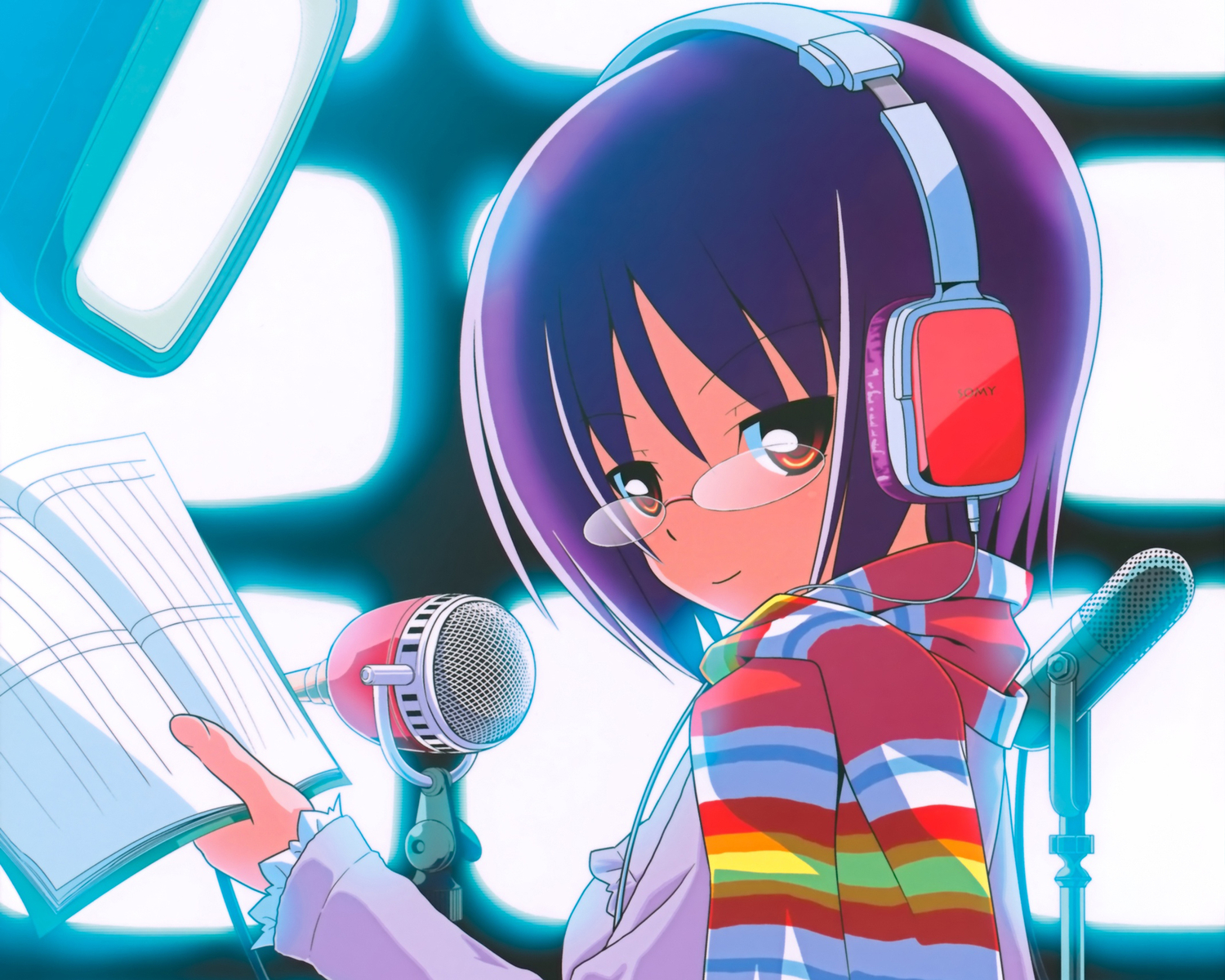 brown_eyes, glasses, hata_kenjirou, headphones, microphone, purple_hair, scarf, short_hair