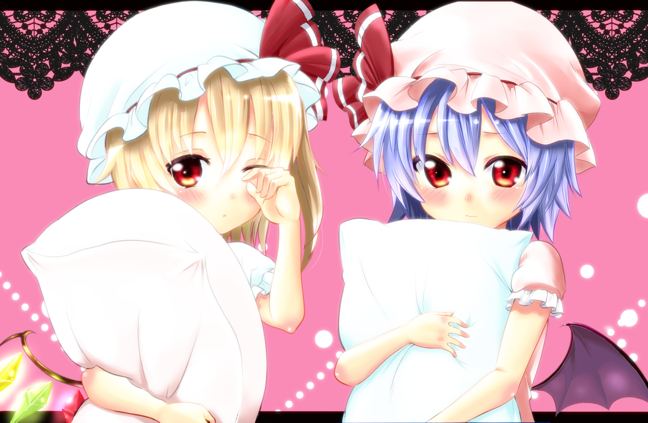 2girls, blonde_hair, blue_hair, blush, flandre_scarlet, hat, natsupa, red_eyes, remilia_scarlet, touhou, vampire, wings, wink