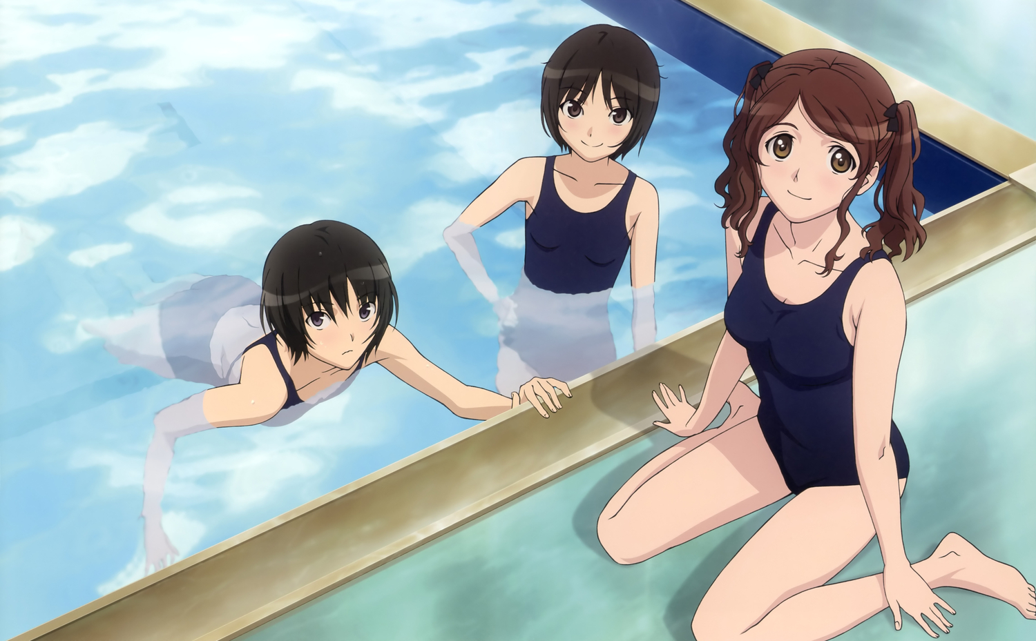amagami, black_hair, brown_hair, gohda_hiroaki, nakata_sae, nanasaki_ai, pool, swimsuit, tachibana_miya