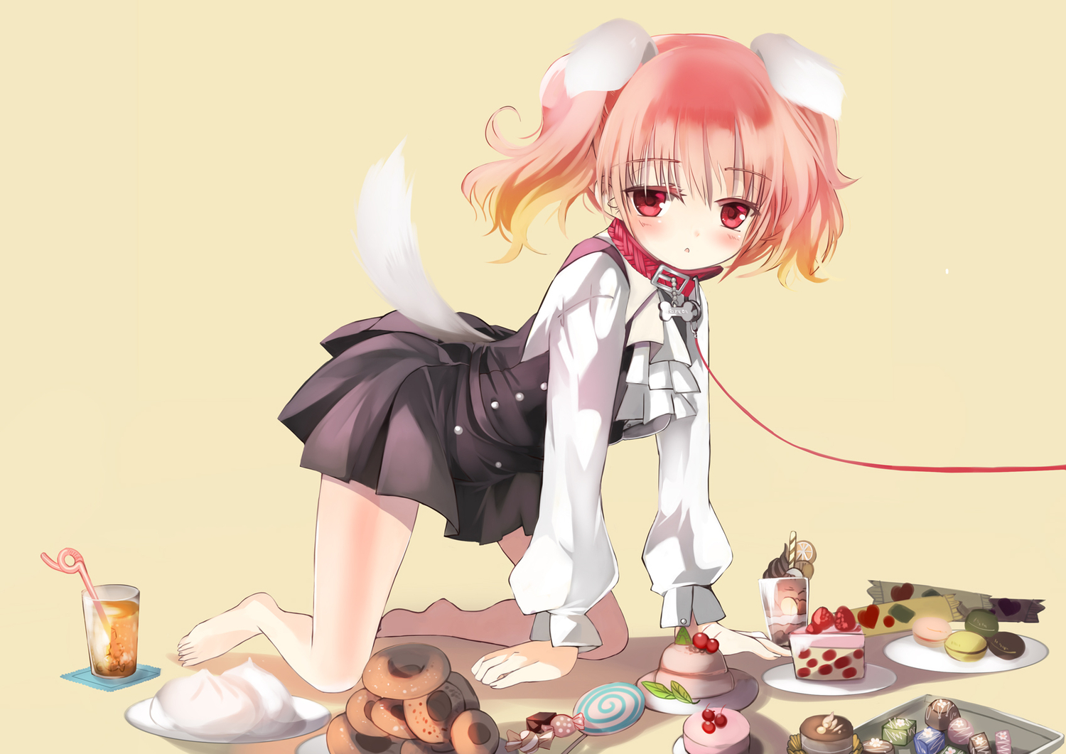 animal_ears, barefoot, cake, candy, collar, doggirl, dress, drink