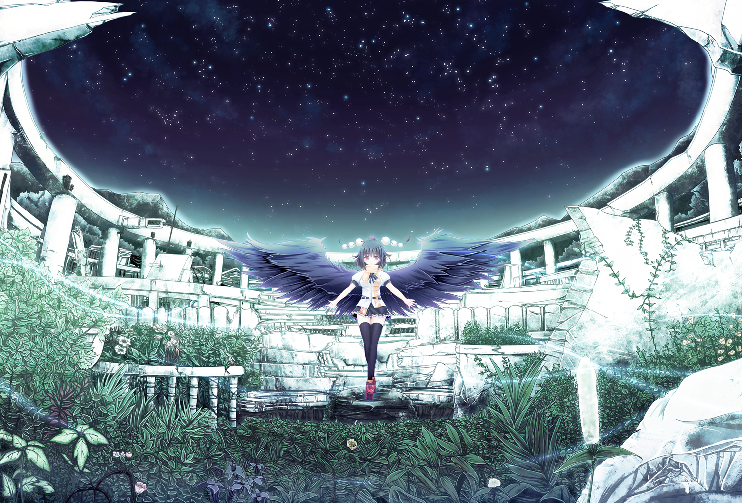 hat, night, shameimaru_aya, sky, thighhighs, touhou, windfeathers, wings