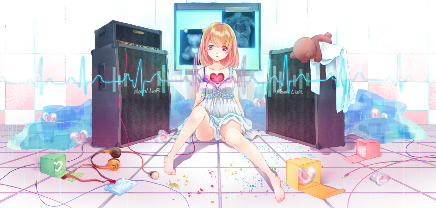 barefoot, headphones, koyami_tsukito, original, teddy_bear